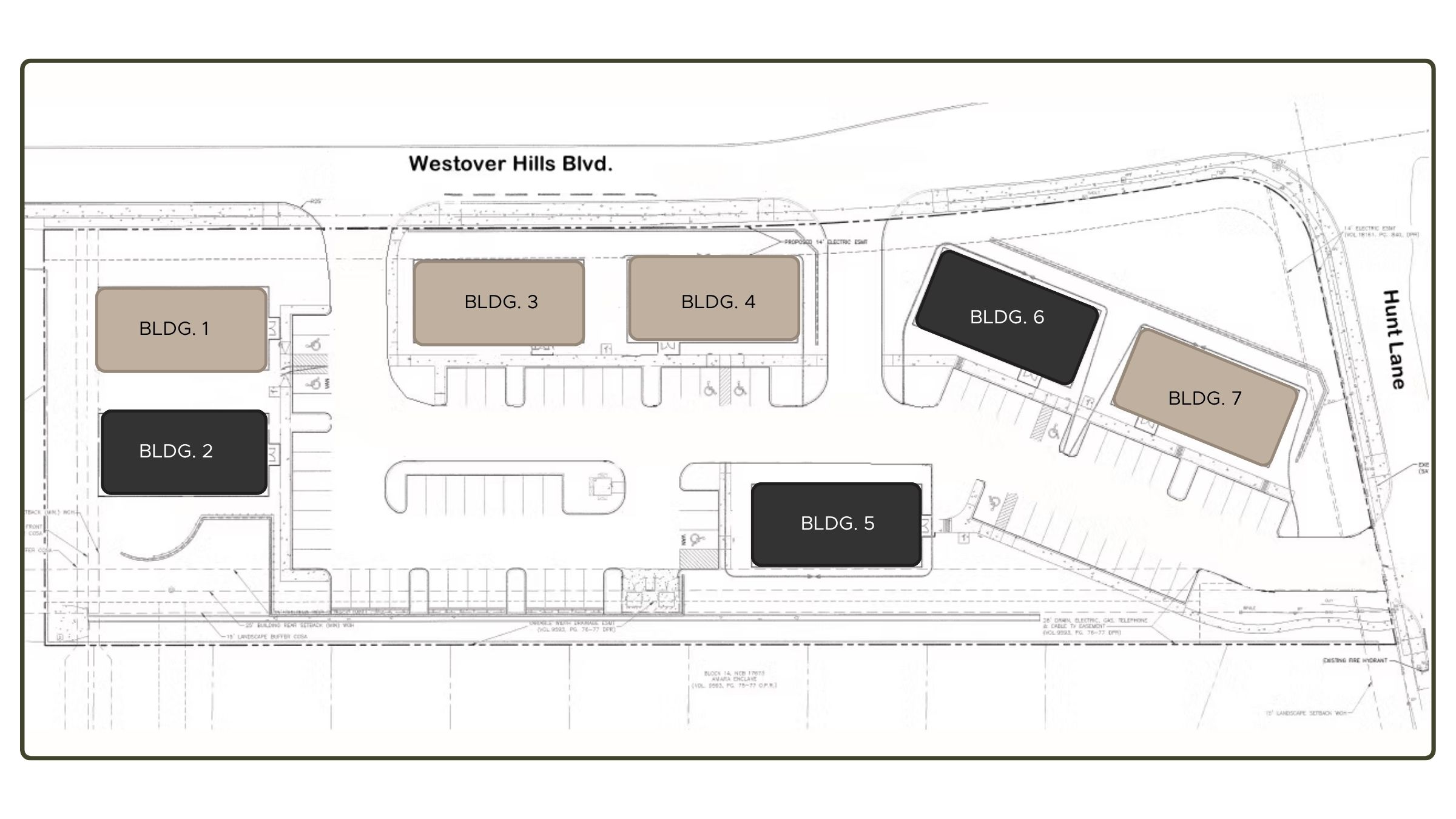 Westover Offices campus site plan � available buildings in gold, sold in dark